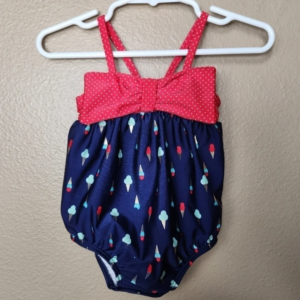 Cat & Jack Baby Girls One Piece Navy Ice Cream Cone/Bow Swimsuit-Size 6-9 Months
